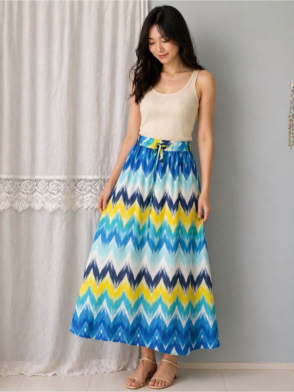 I.N. Studio Chevron Maxi Skirt in Blue, Yellow & White